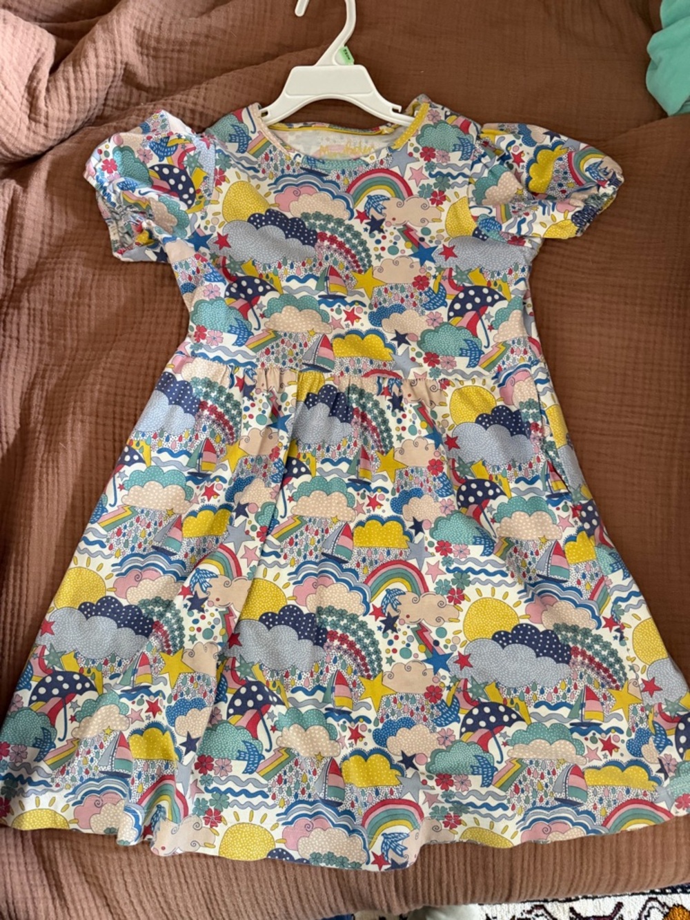 Mini Boden Multicolor Casual Dress, Cloud Rainbow Sailboat pattern